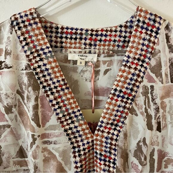 Entro Boho Tiered Mini Dress Geometric Lightweight Tunic Cottage Flowy small NWT - Picture 2 of 14